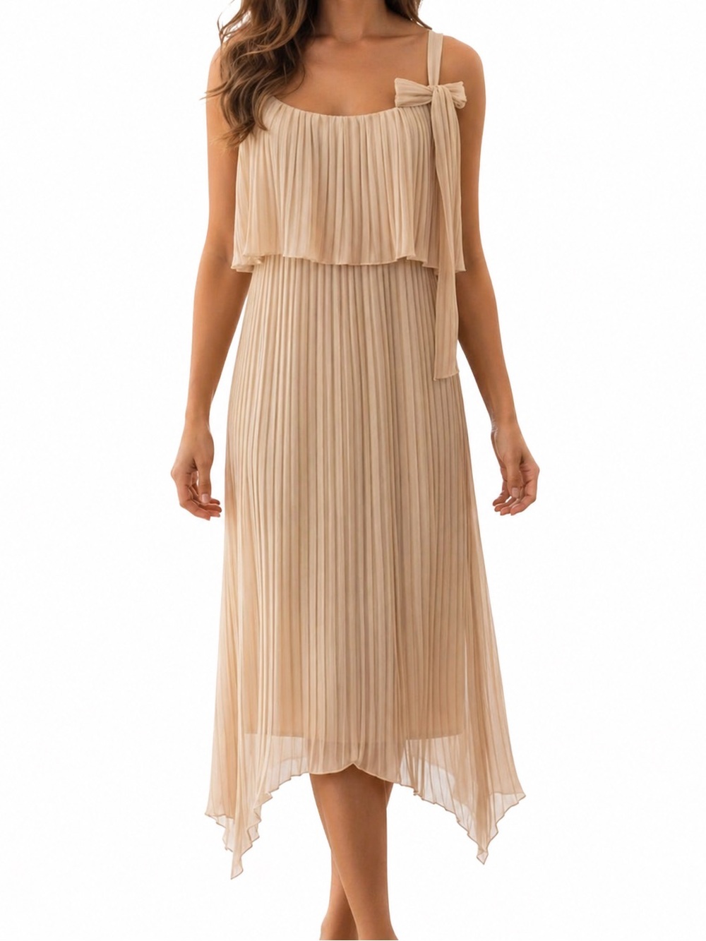 Vintage Nude Accordion-Pleated Chiffon Dress Sz 8 Soft Feminine Minimalist Chic